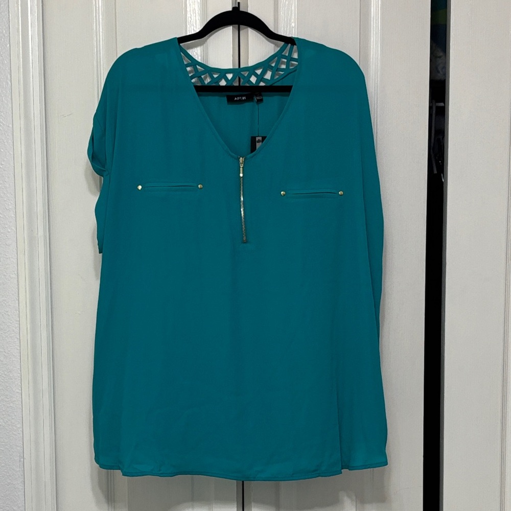 Apt. 9 Teal Zippered V-Neck Blouse